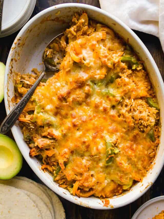 Fajita casserole with chicken and rice in an oval dish.