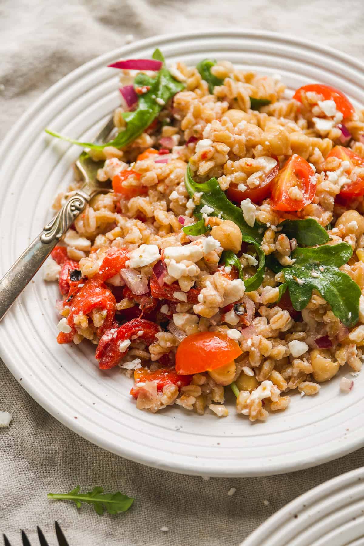 Mediterranean farro salad on a plate on a white surface.