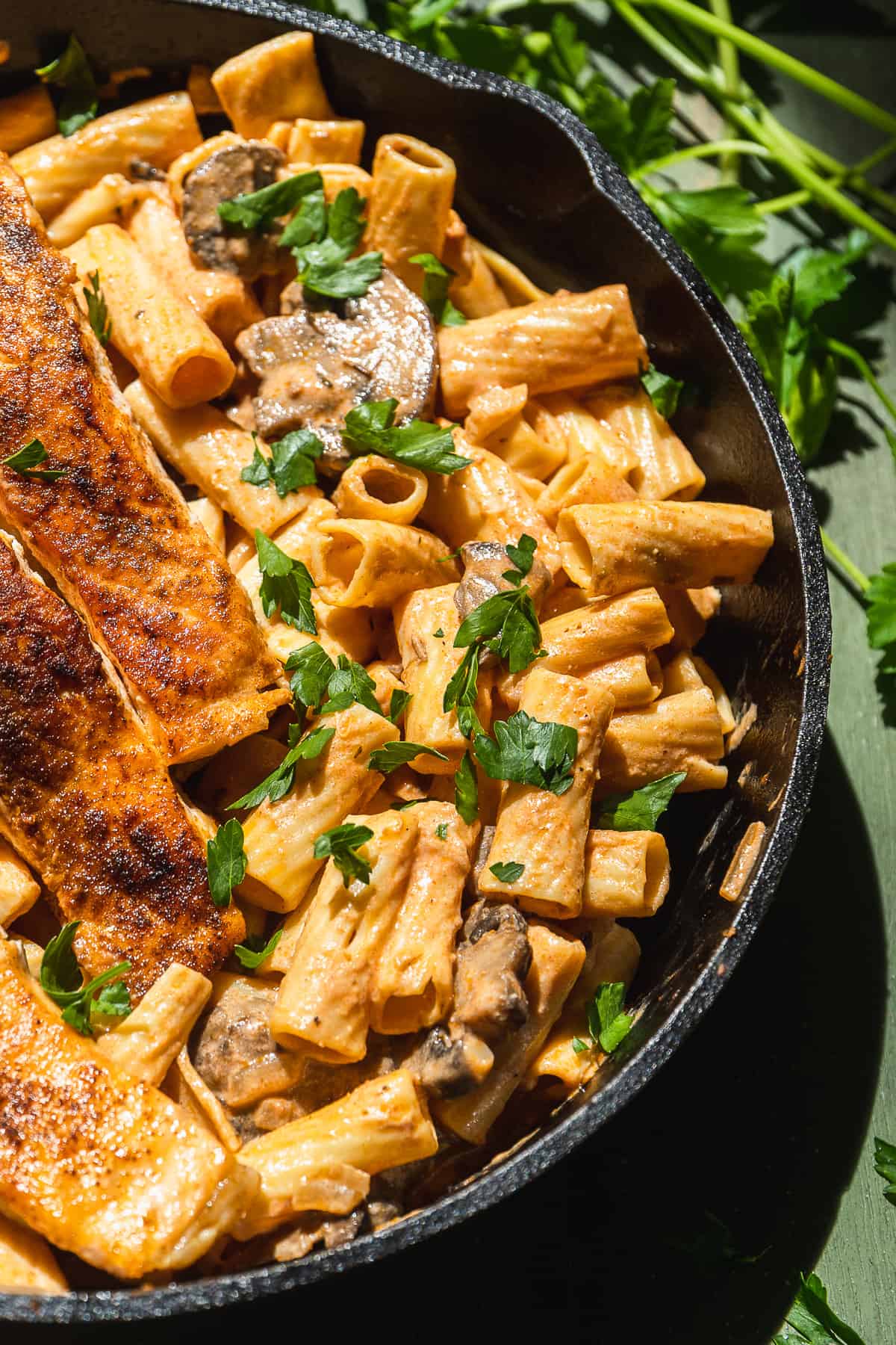 Cast iron skillet with creamy pasta and salmon.