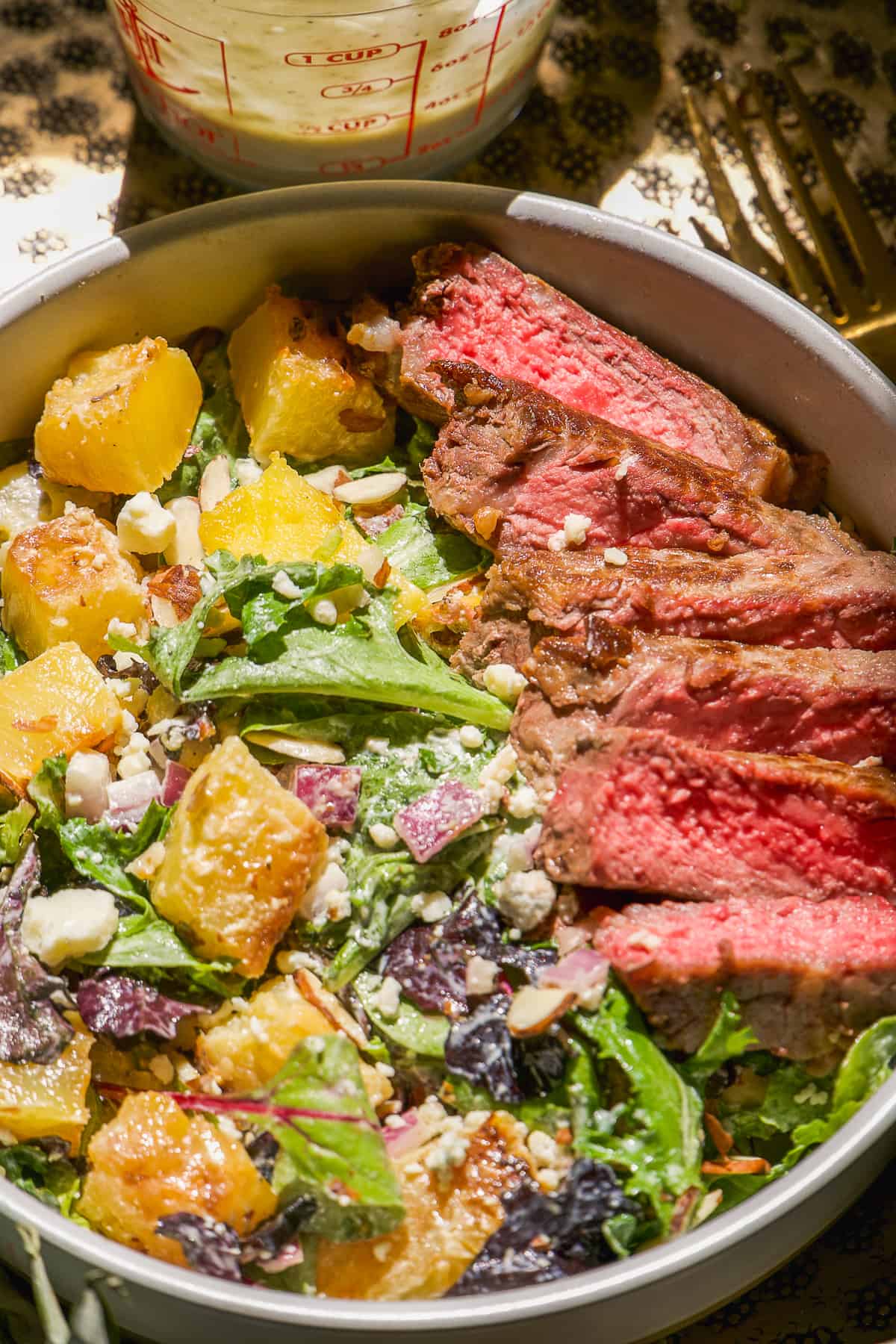Steak gorgonzola salad with pineapple.