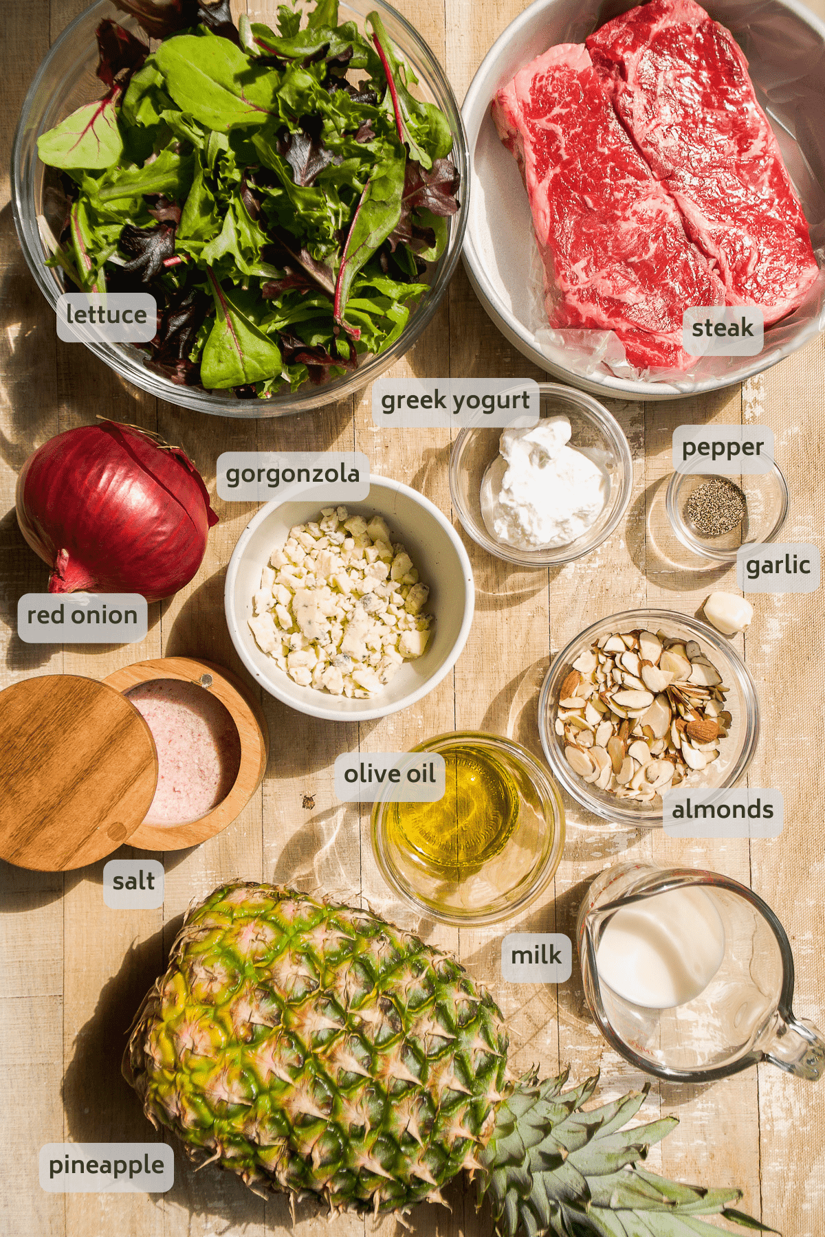 Gorgonzola salad ingredients with steak.