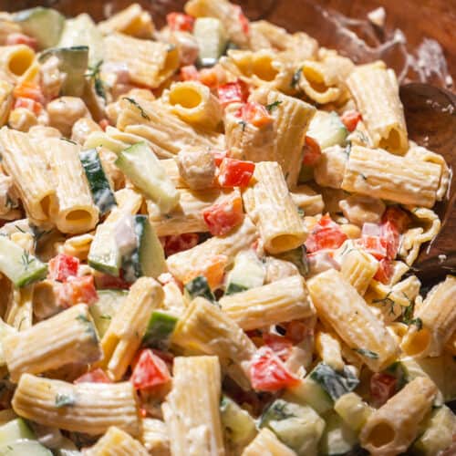 Chickpea pasta salad with greek yogurt dressing and mix ins.