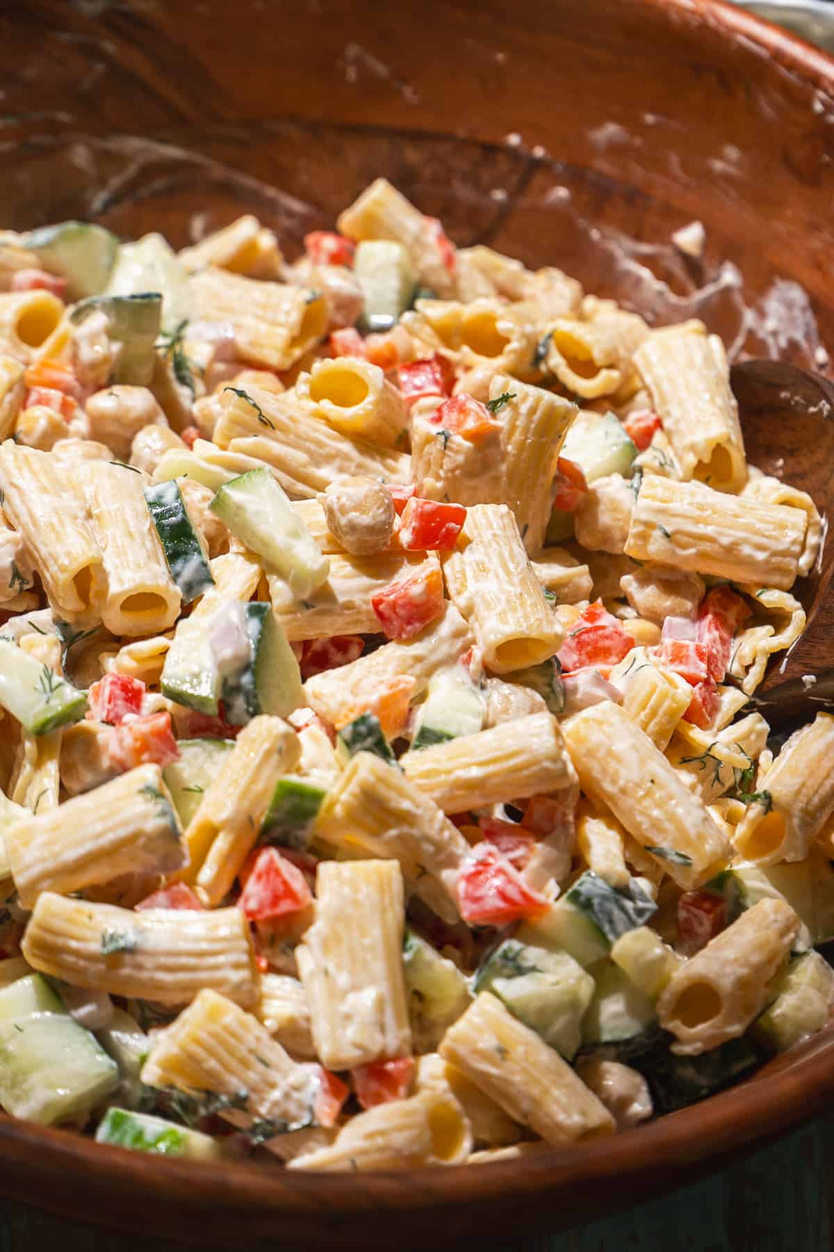 Chickpea pasta salad with greek yogurt dressing and mix ins.