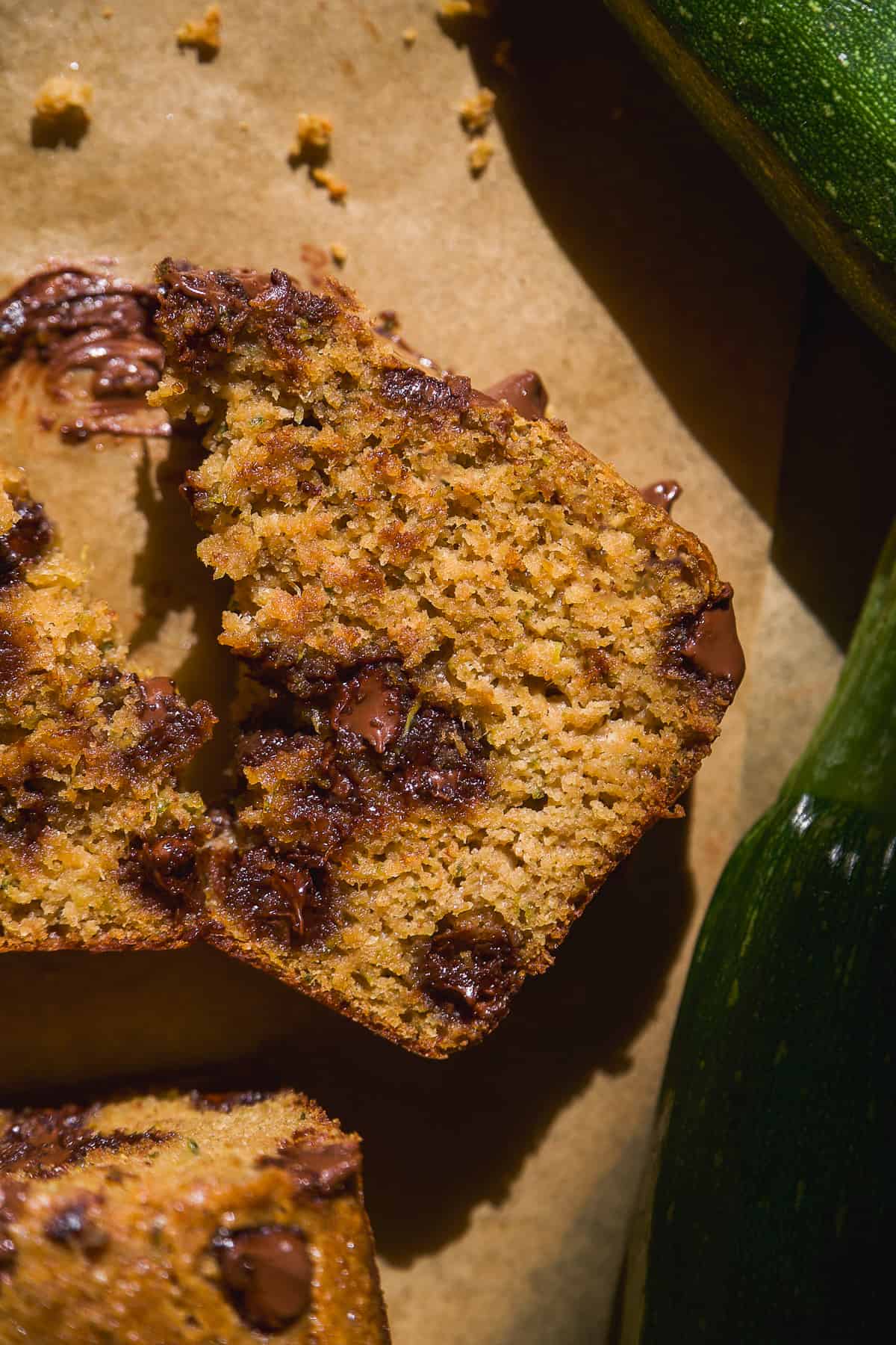 Up close view of chocolate chip zucchini bread slice.