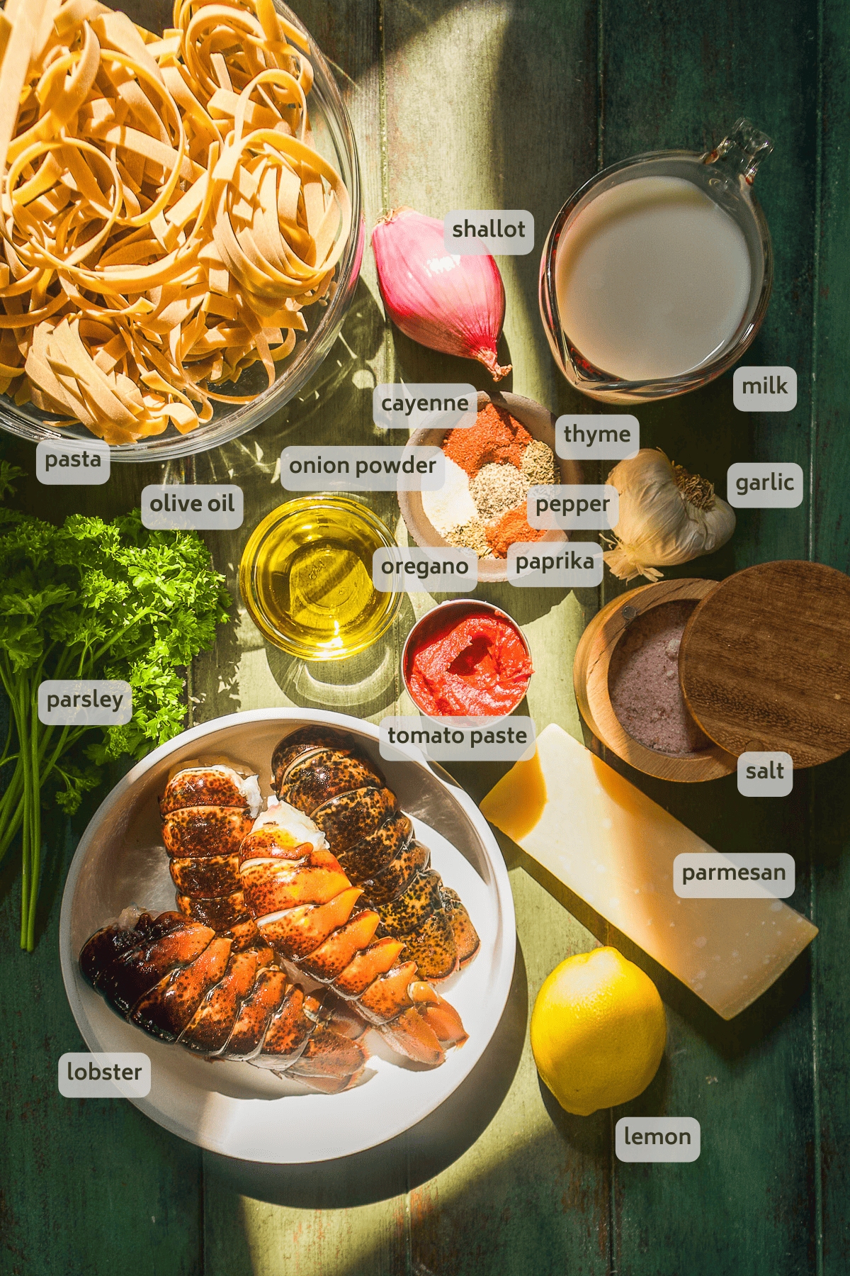 Overhead view of lobster pasta ingredients on a green surface.