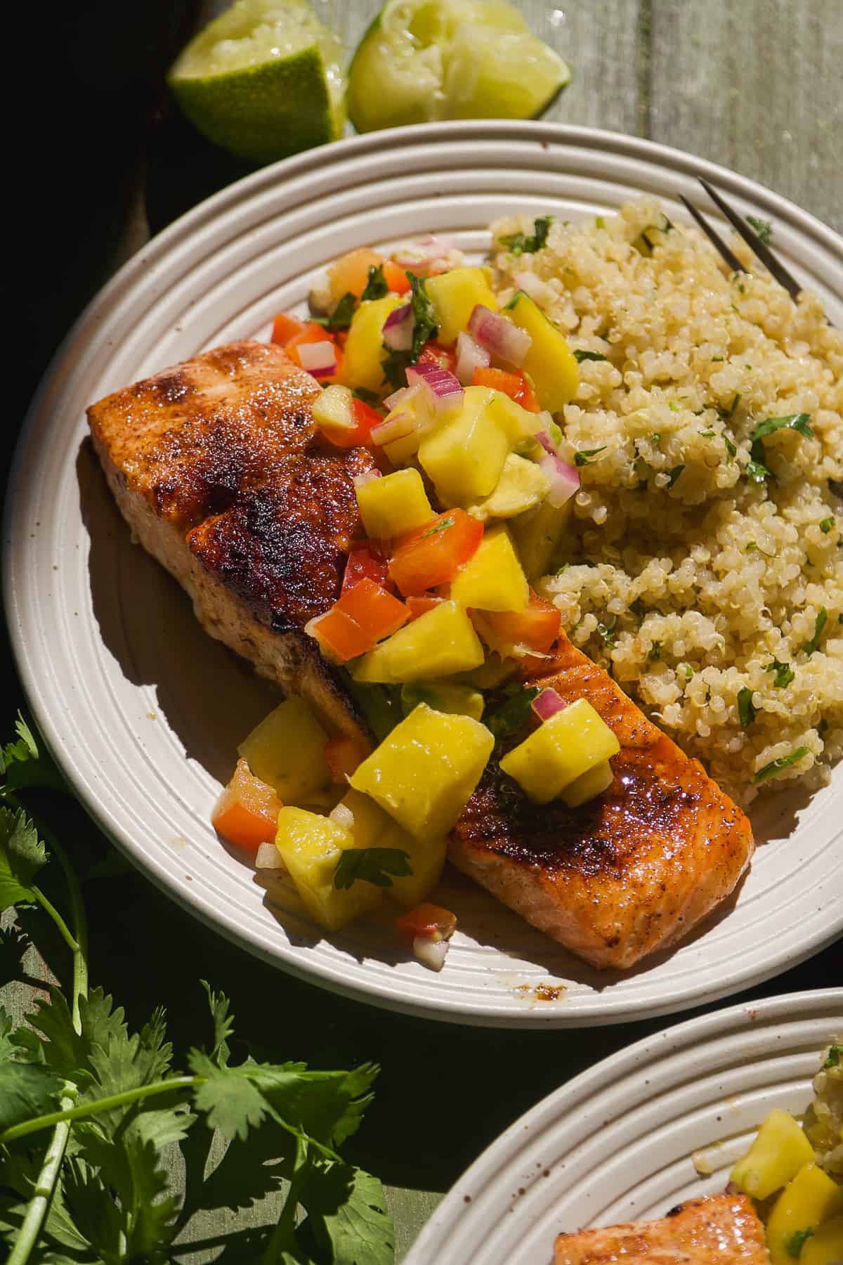 Cooked salmon with mango avocado salsa and quinoa.