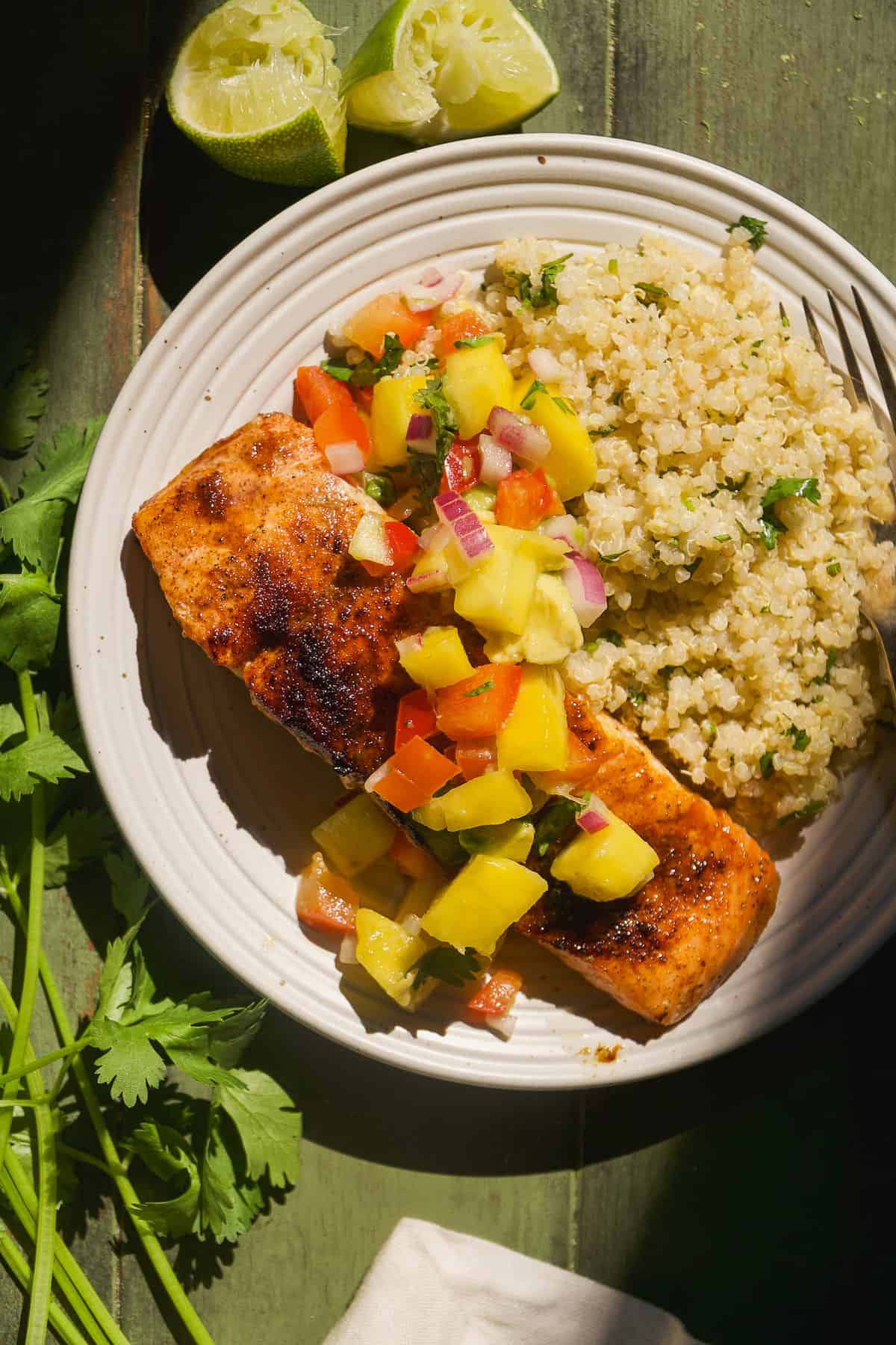 Plate with a salmon filet and mango avocado salsa and quinoa.