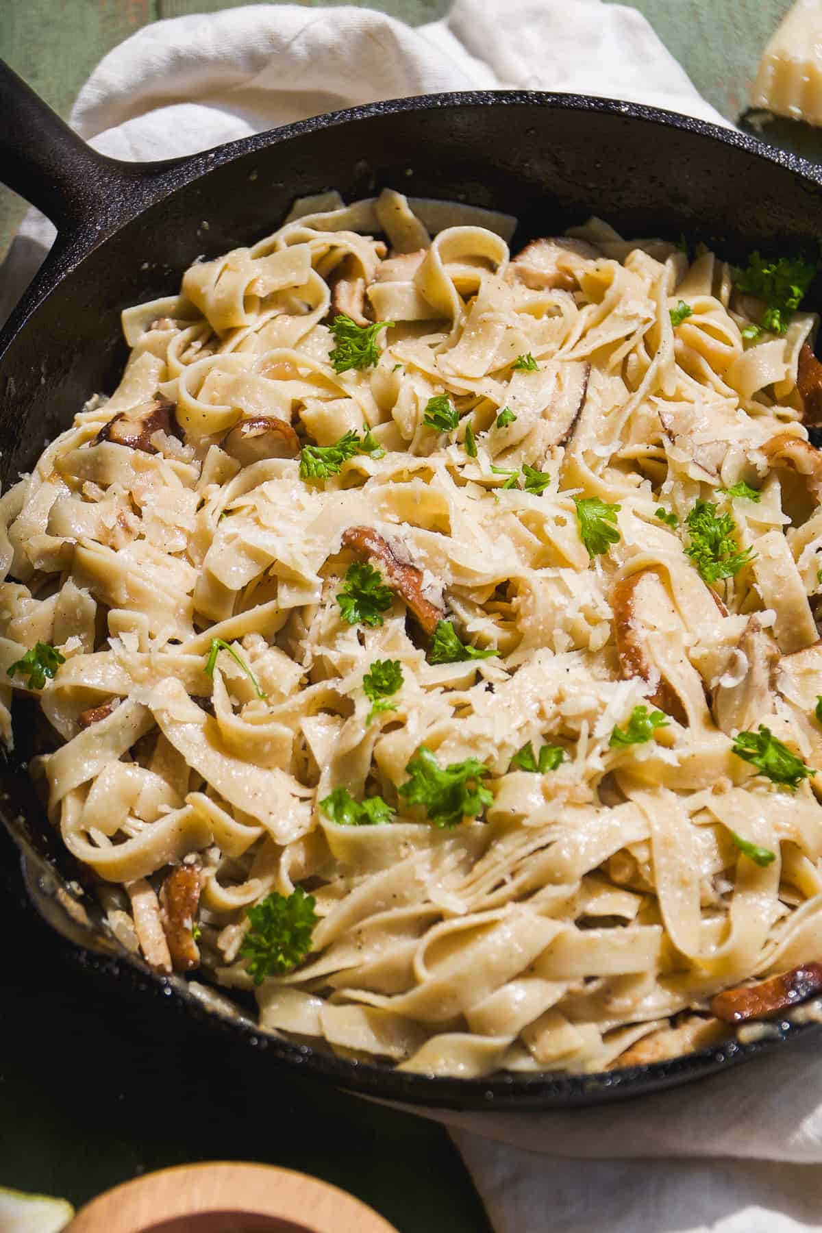 Truffle pasta with mushrooms and herbs.