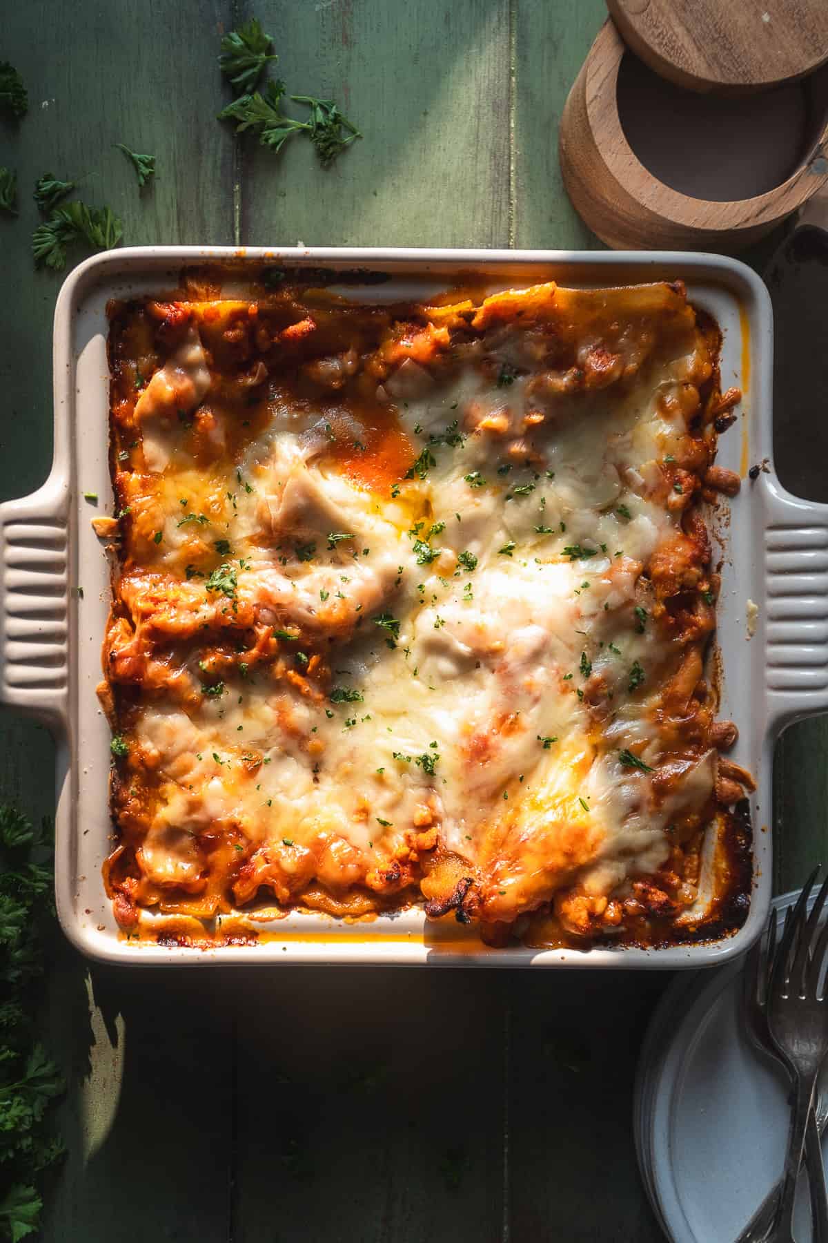 Square baking dish with turkey lasagna.