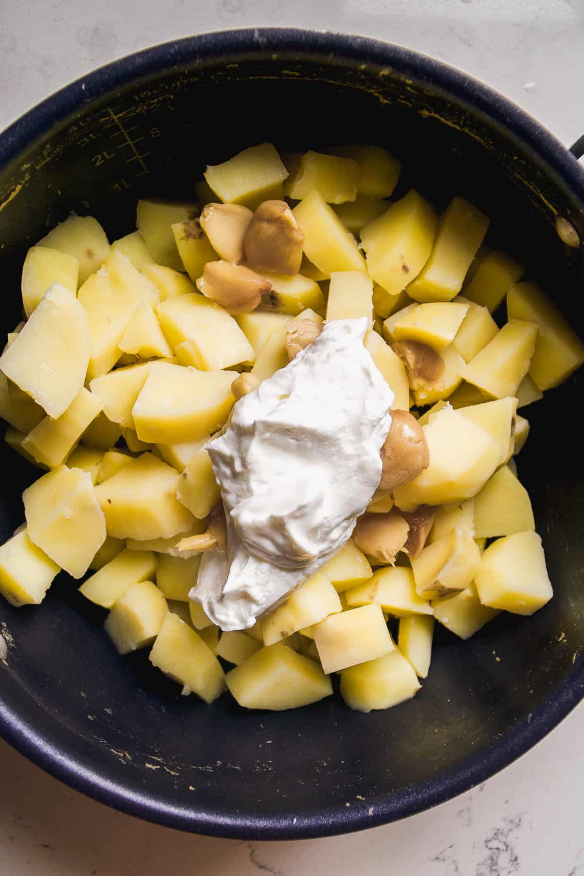 Potatoes cut into cubes in a pot with greek yogurt and roasted garlic.