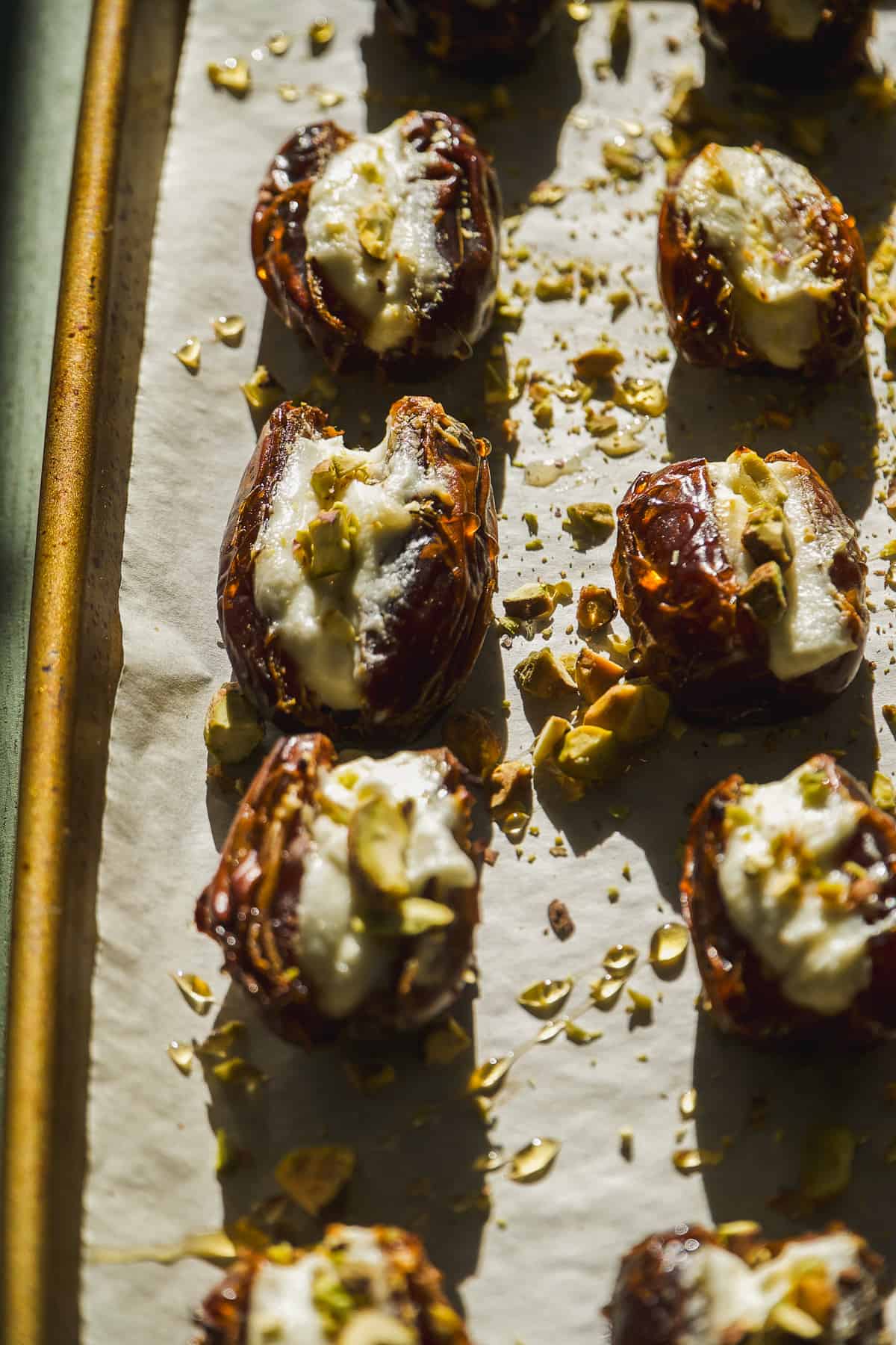Goat cheese filled dates with pistachios and honey.