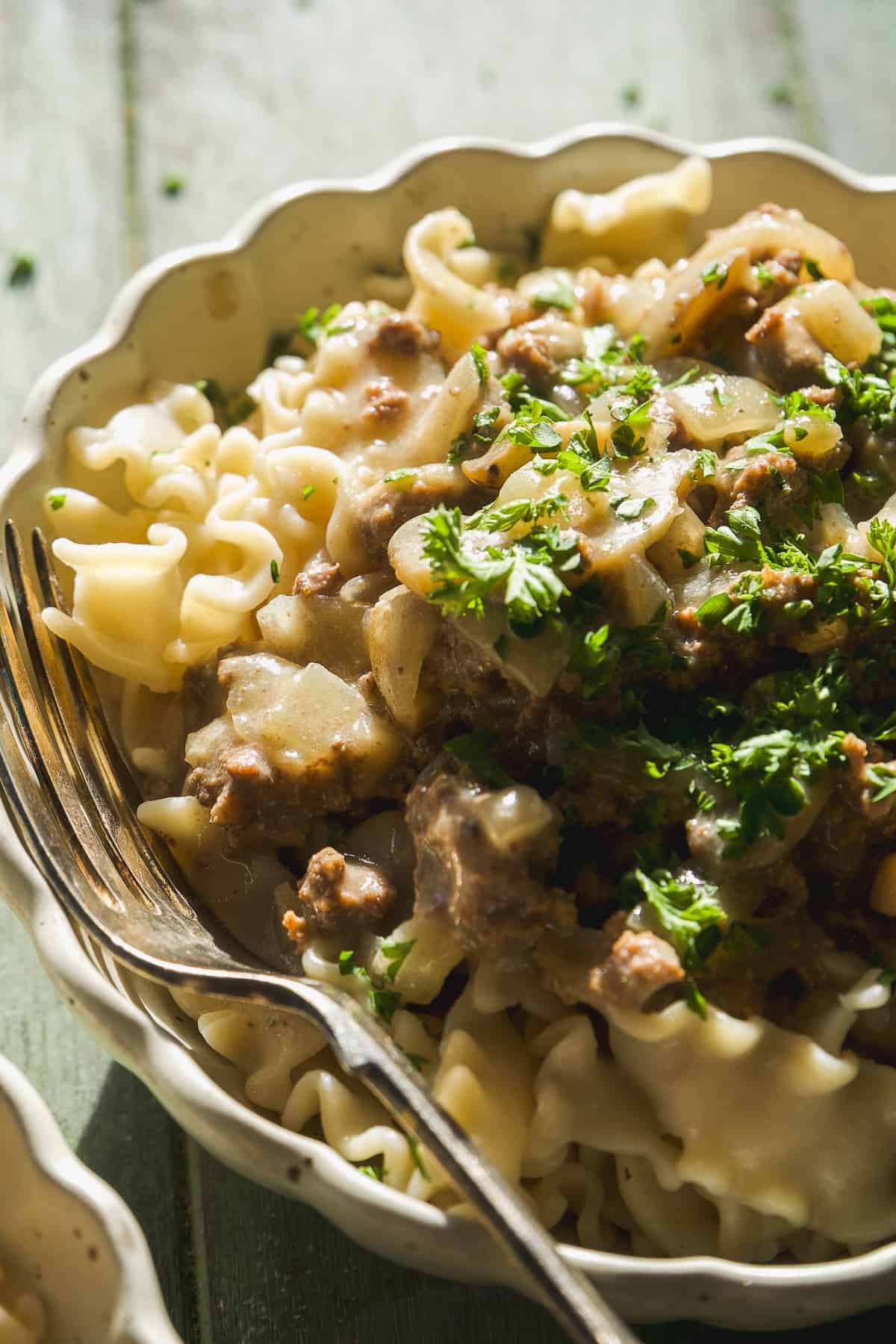 Beef stroganoff on pasta in a bowl with a fork.