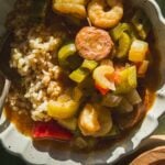 Gumbo with brown rice in a shallow bowl with a spoon.