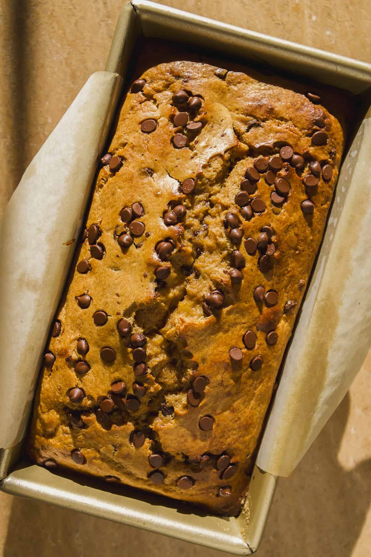 Oat flour banana bread baked in a loaf pan with chocolate chips.