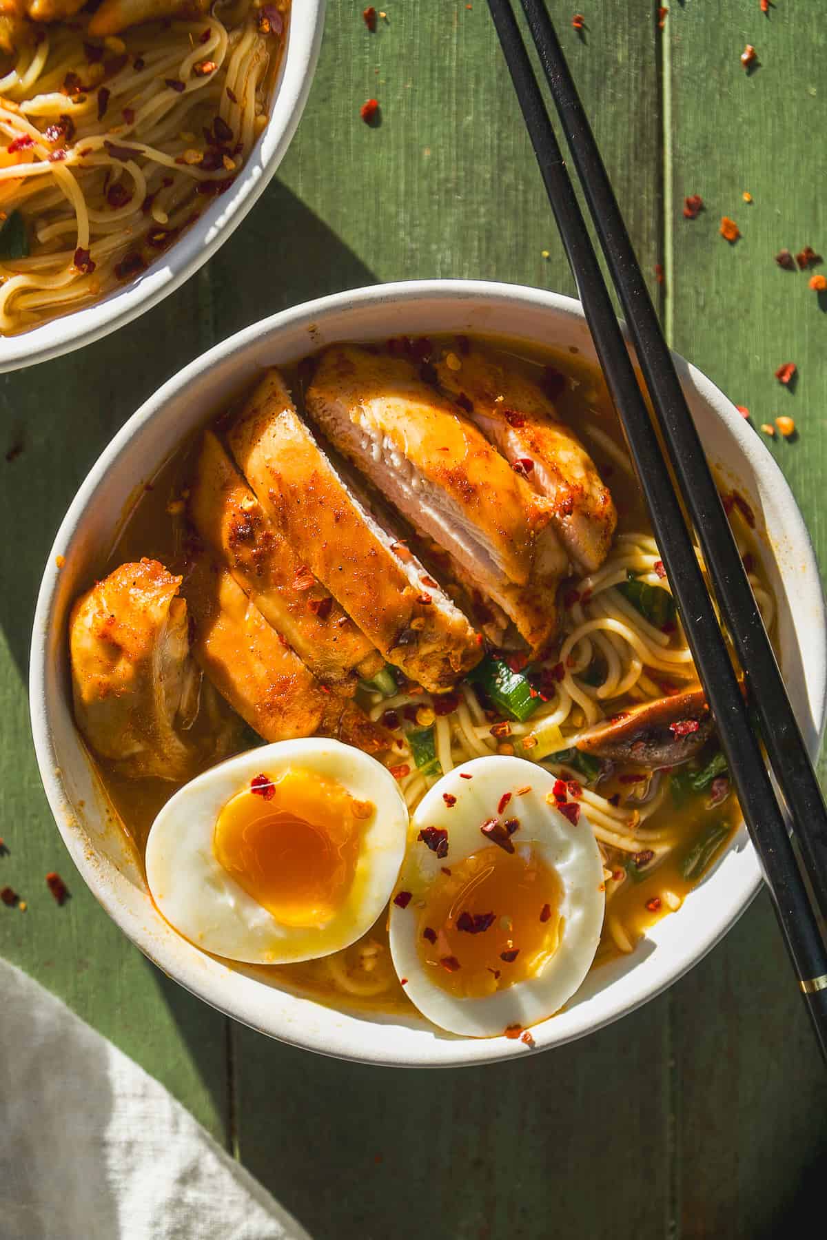 Bowl with ramen noodles and chicken noodles.