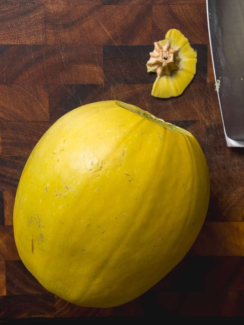 Spaghetti squash with the step cut off the top.