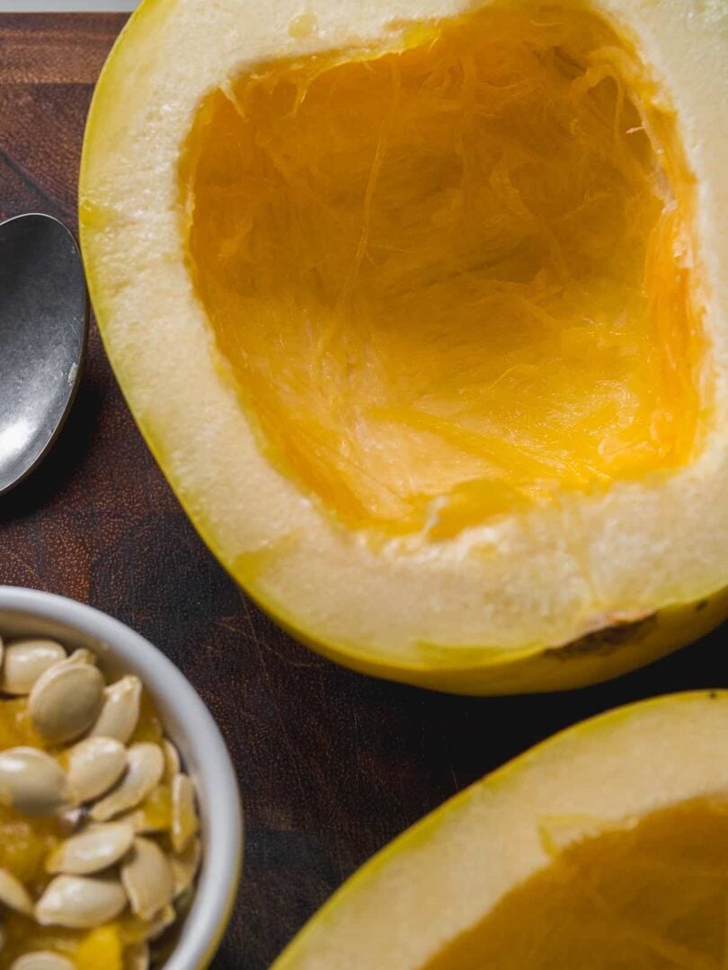 Spaghetti squash with the seeds removed about to be roasted.