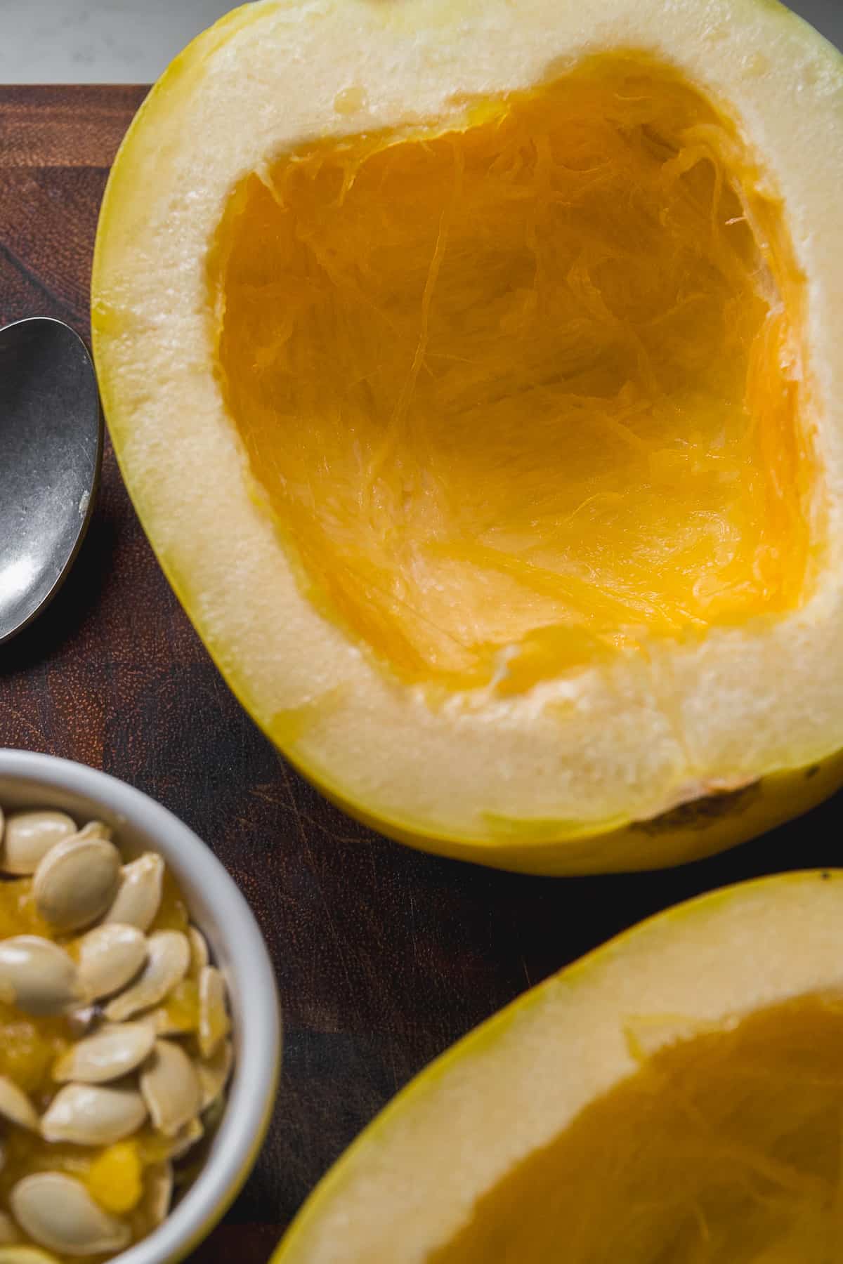 Spaghetti squash with the seeds removed about to be roasted.