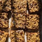 Oatmeal bars with chocolate chips cut into squares.