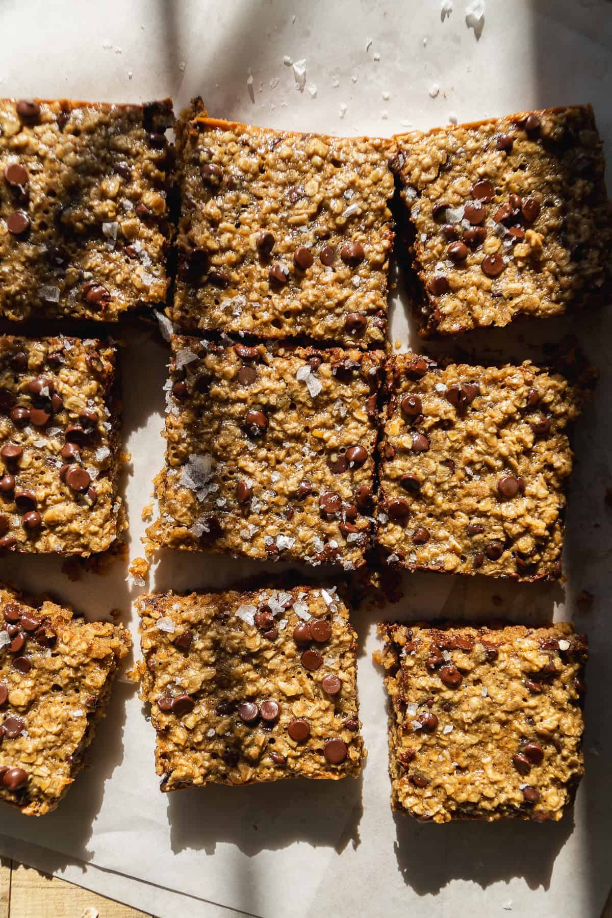 Oatmeal bars with chocolate chips cut into squares.