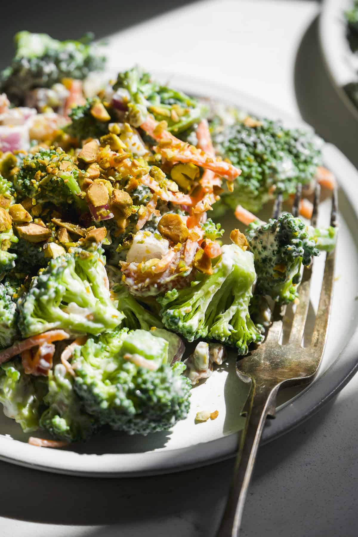 Creamy crunchy broccoli salad on a plate with a fork.