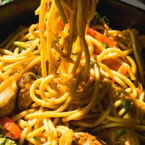 Lo mein noodles tossed in sauce with veggies.