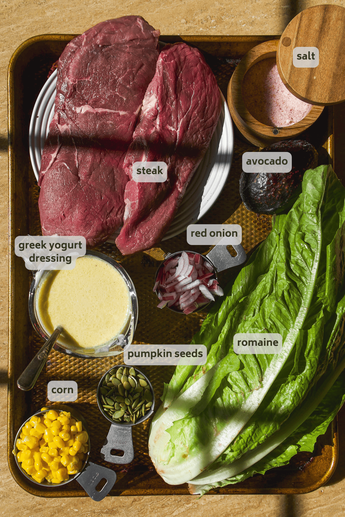 Steak salad ingredients on a pan with labels.
