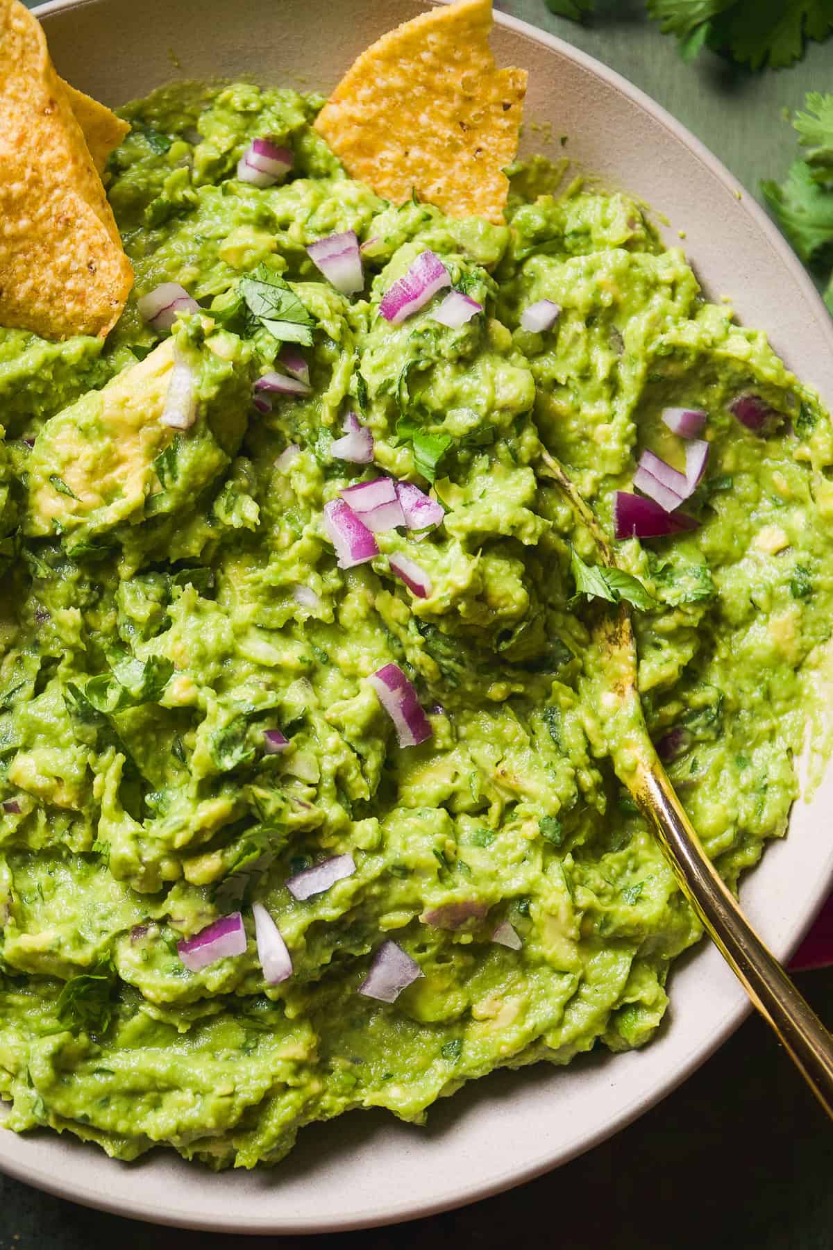 Guacamole dip in a bowl with herbs and chips dipped inside.