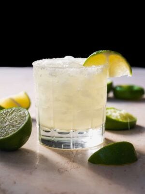 Margarita on a table with a lime wedge.