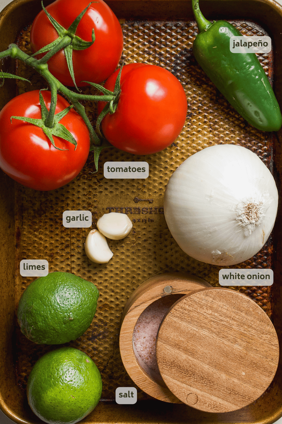 Pico De Gallo Ingredients on a pan with labels.