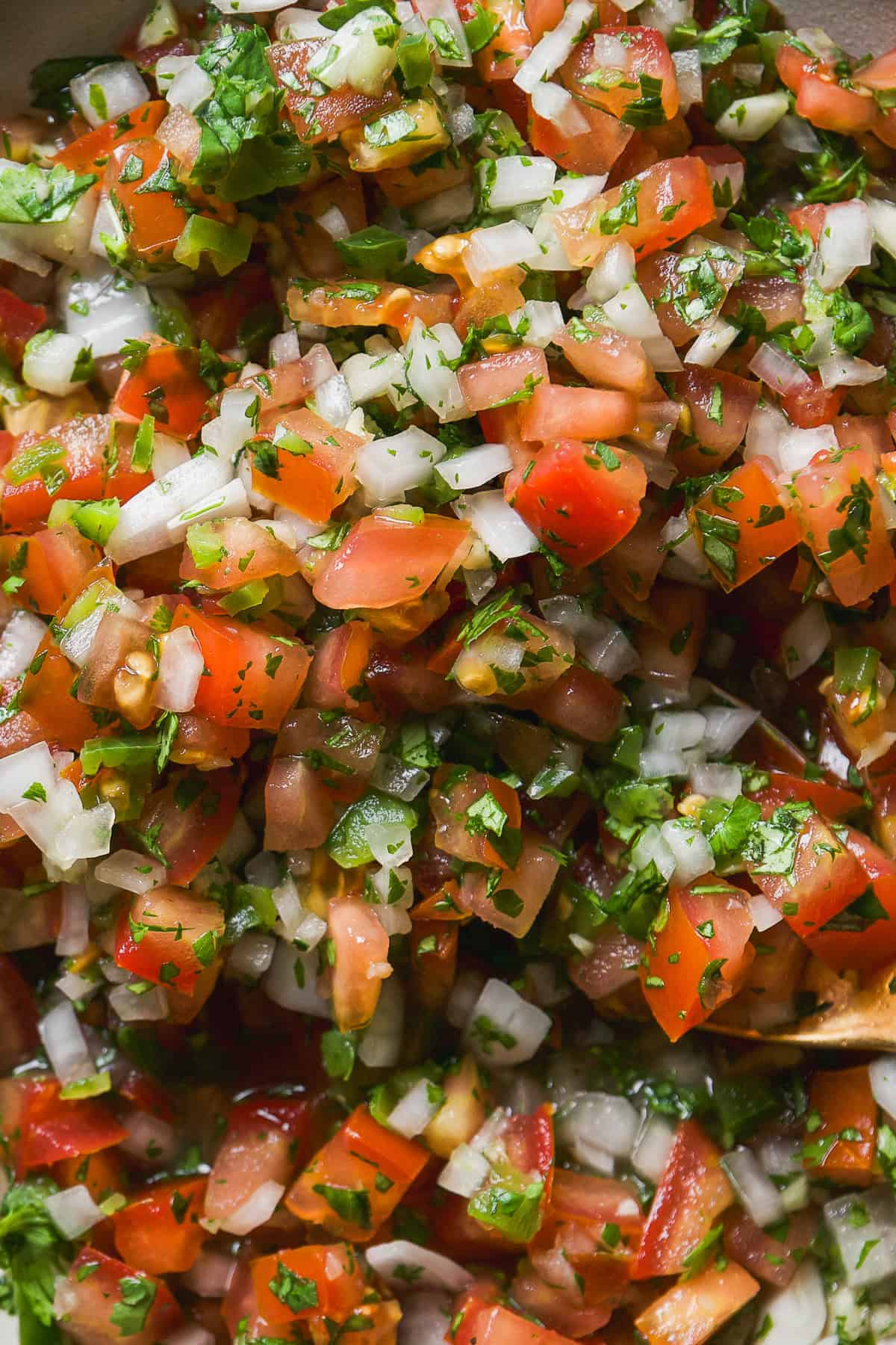 Overhead view of pico de gallo with cilantro on top.