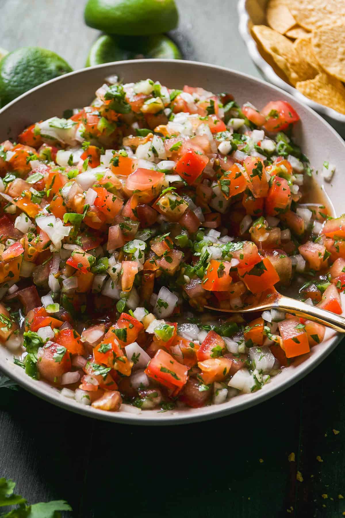 Bowl of pico de gallo in a bowl with a spoon.