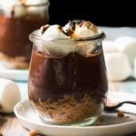 Chocolate parfait with graham crackers and toasted marshmallows.