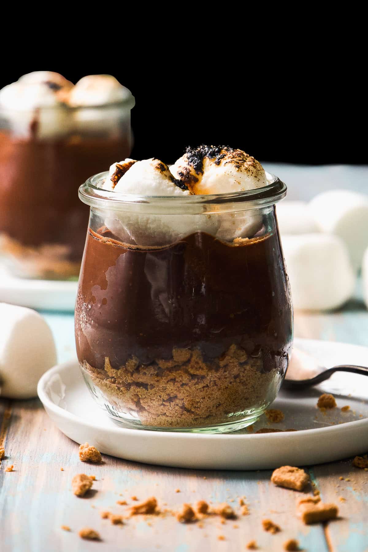 Chocolate parfait with graham crackers and toasted marshmallows.