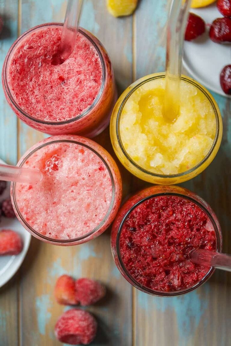 Frozen electrolyte slushies 4 ways in glasses.