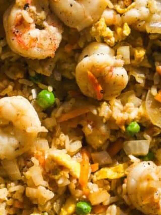 Close image of fried rice and shrimp.
