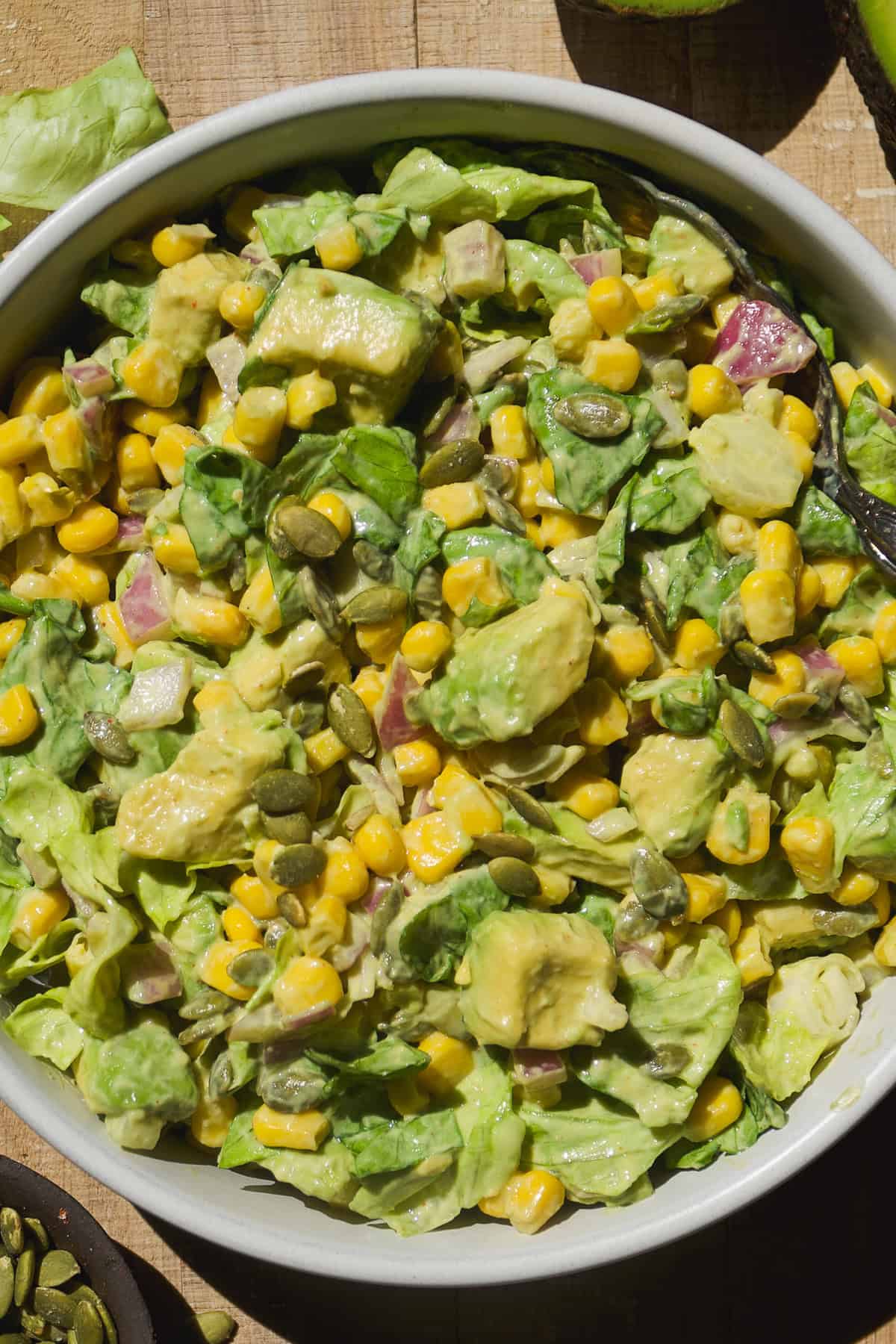 Avocado corn salad with greek yogurt dressing.
