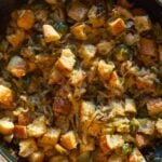 Overhead view of brussel sprout casserole.