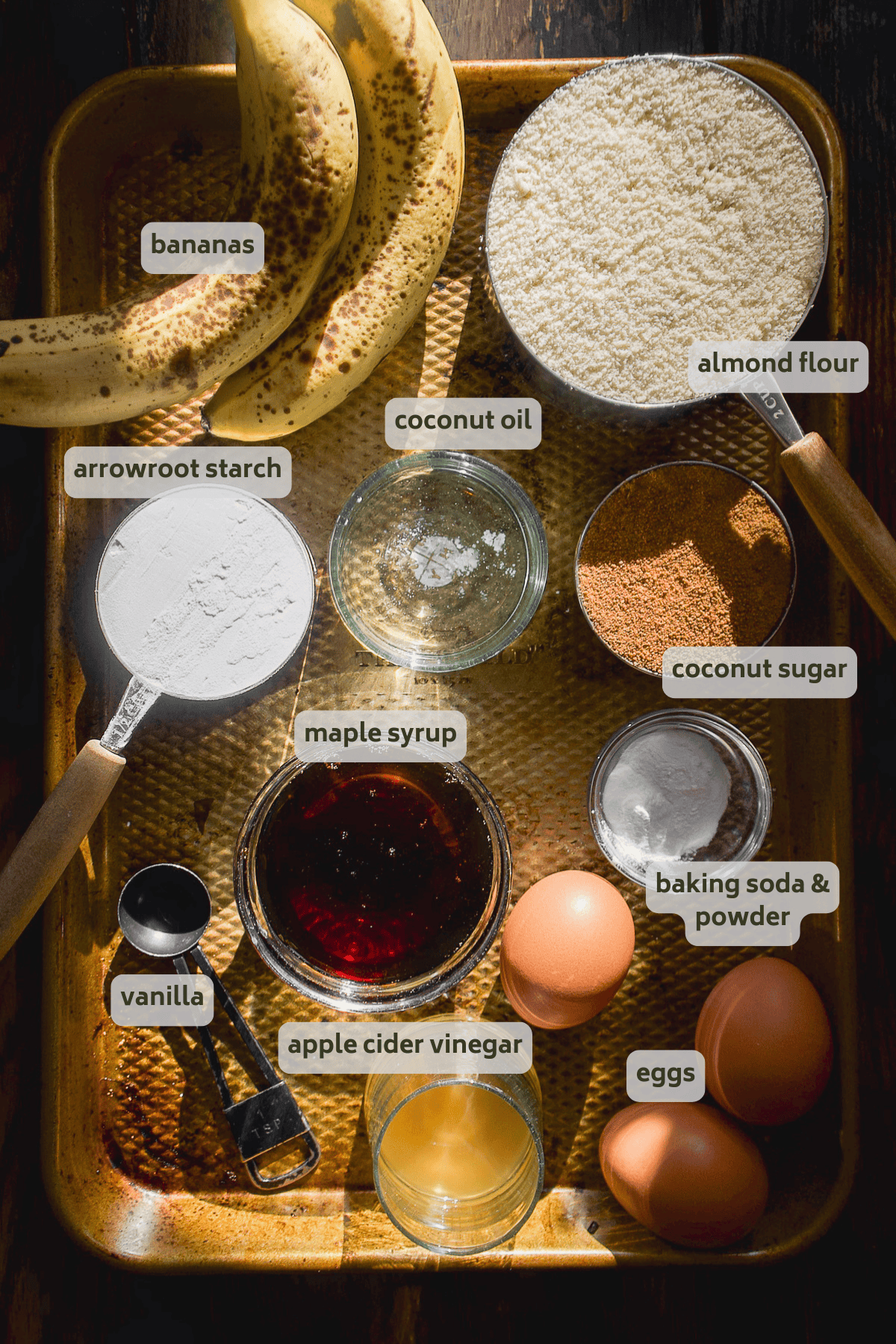Banana coffee cake ingredients on a pan with labels.