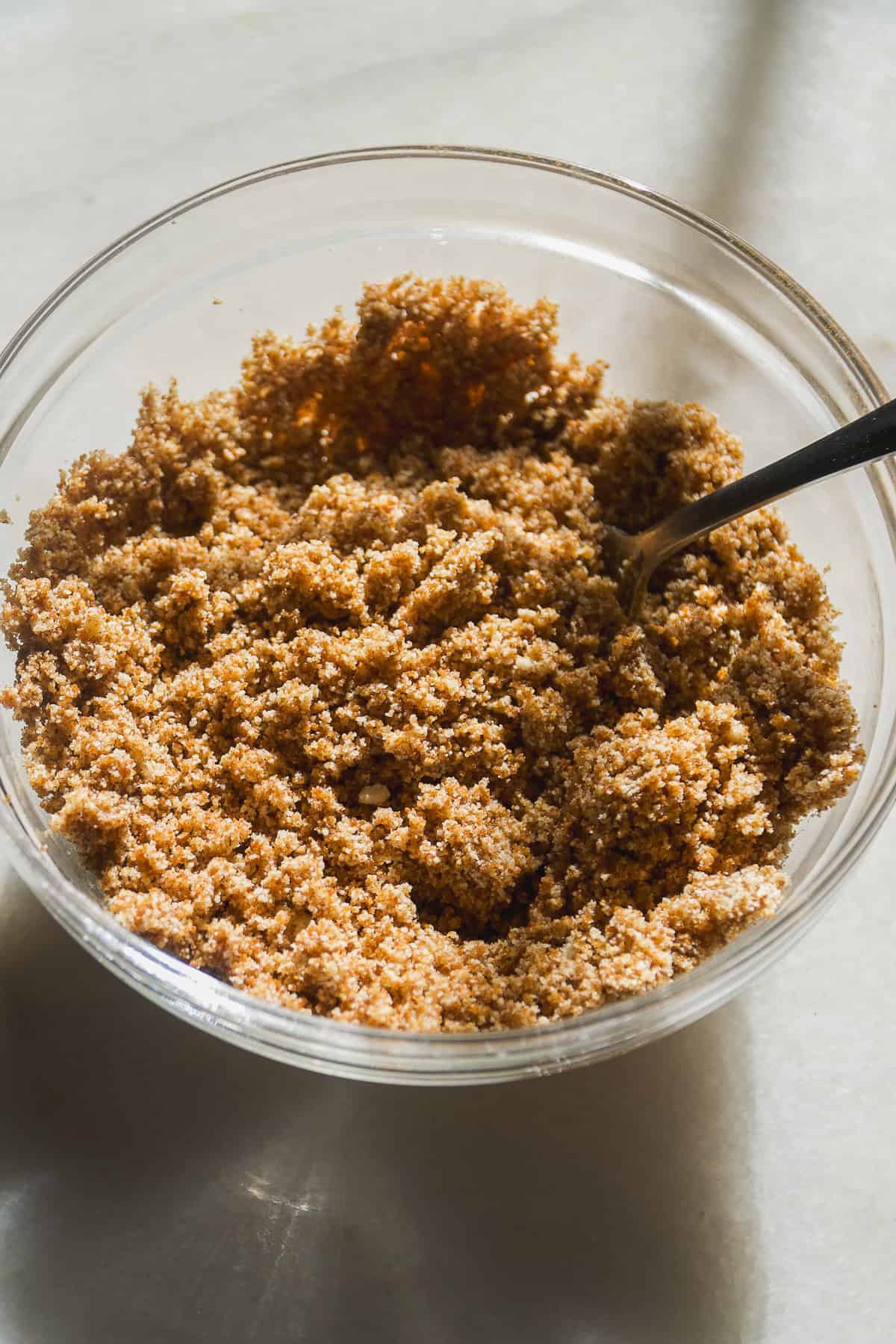 Coffee cake crumble in a bowl.