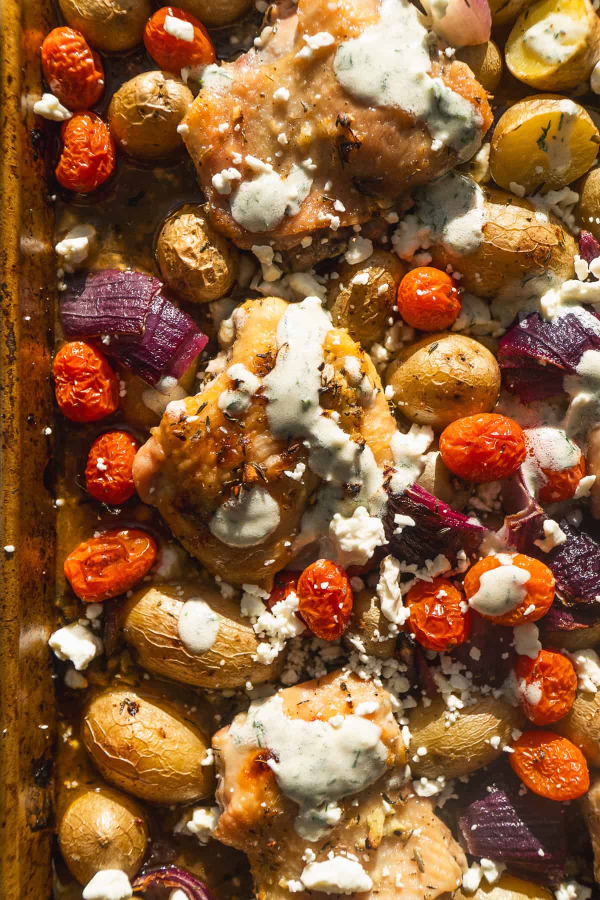 Greek sheet pan chicken with roasted vegetables and dill sauce on top.