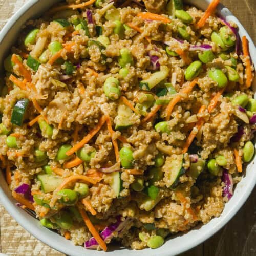 Plate of edamame salad with almond butter dressing.
