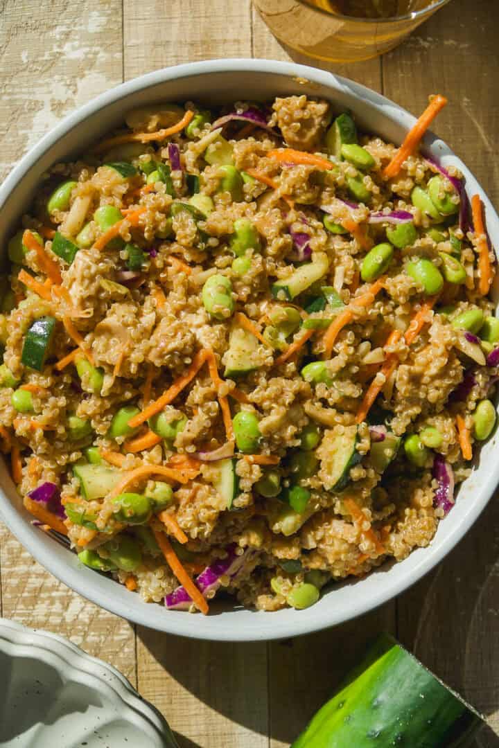 Plate of edamame salad with almond butter dressing.