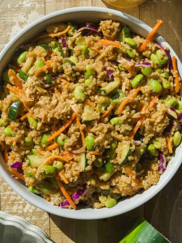Plate of edamame salad with almond butter dressing.