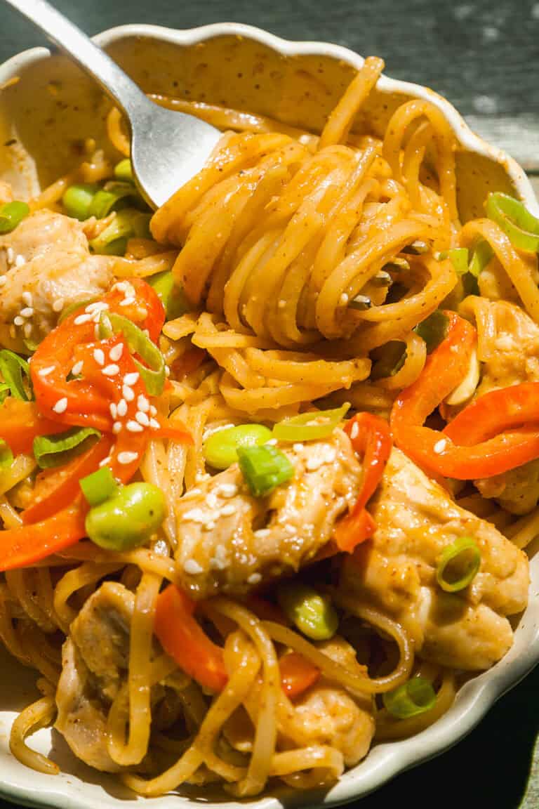 Almond butter noodles with chicken and vegetables.
