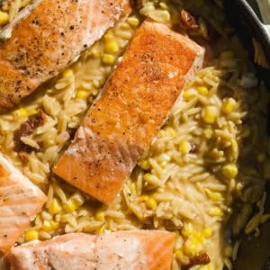 Pan-seared salmon fillets sit atop creamy corn orzo, mixed with sun-dried tomatoes in a skillet and perfectly seasoned with salt and pepper.