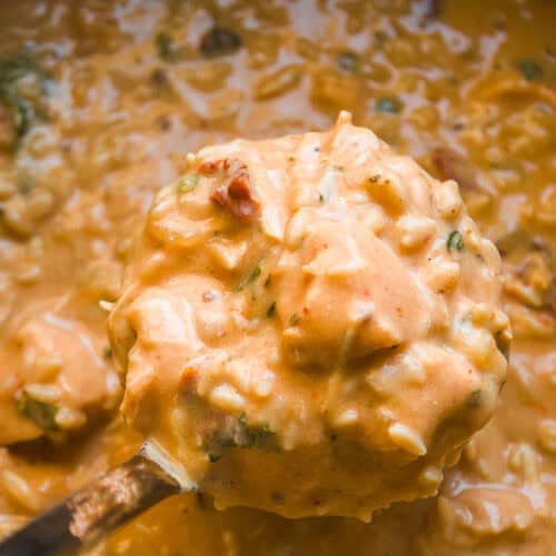 A close-up of a creamy, orange-colored soup or stew with chunks of chicken, rice, herbs, and vegetables being scooped up with a ladle.