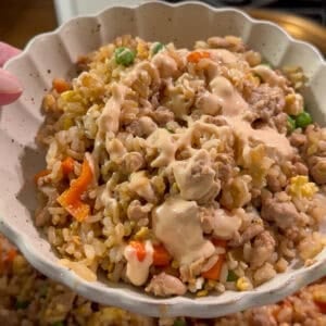 A hand holds a bowl of fried rice with vegetables, ground meat, and a drizzle of creamy sauce on top. The background shows more fried rice in a large serving dish.