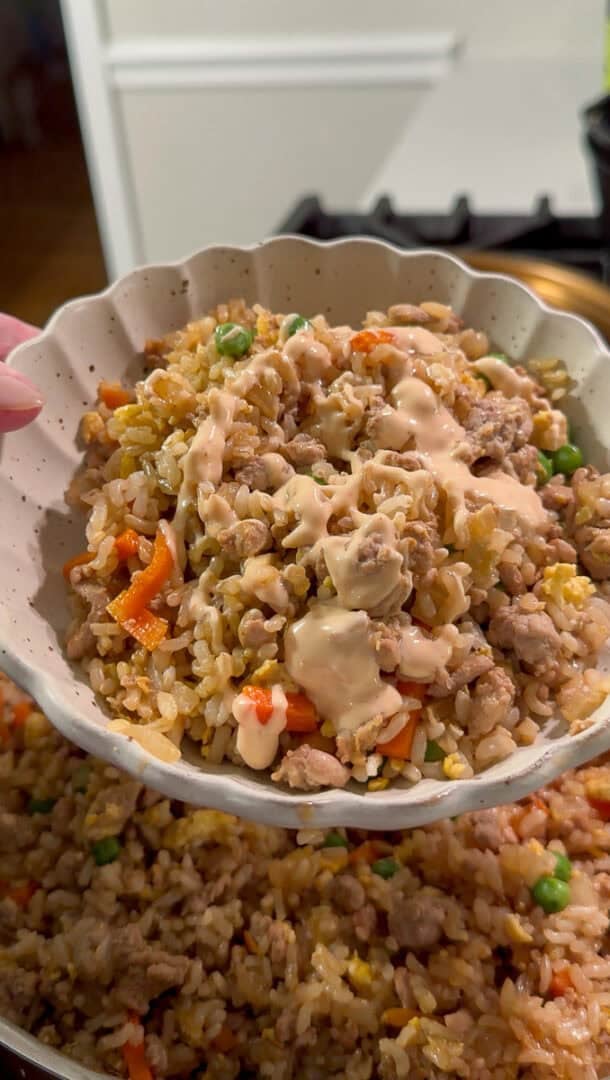 A hand holds a scalloped bowl filled with fried rice mixed with ground meat, peas, carrots, and drizzled with a creamy sauce. A larger pan of the same fried rice is visible in the background.
