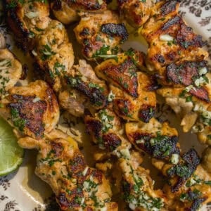 Grilled chicken skewers garnished with chopped herbs and garlic, served on a patterned plate with a wedge of lime. The chicken is charred and golden brown, arranged closely together.